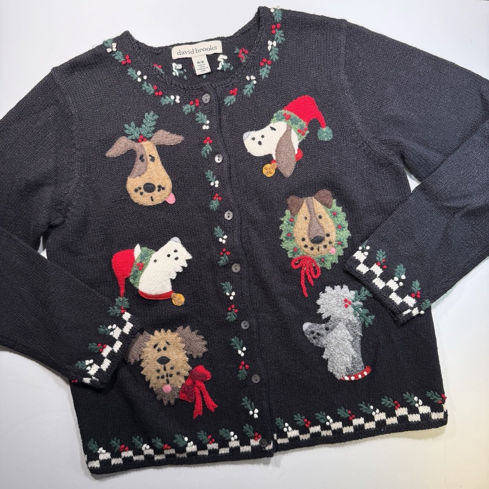 David Brooks Christmas Dog Sweater M Holly Berries Black Cardigan Embellished